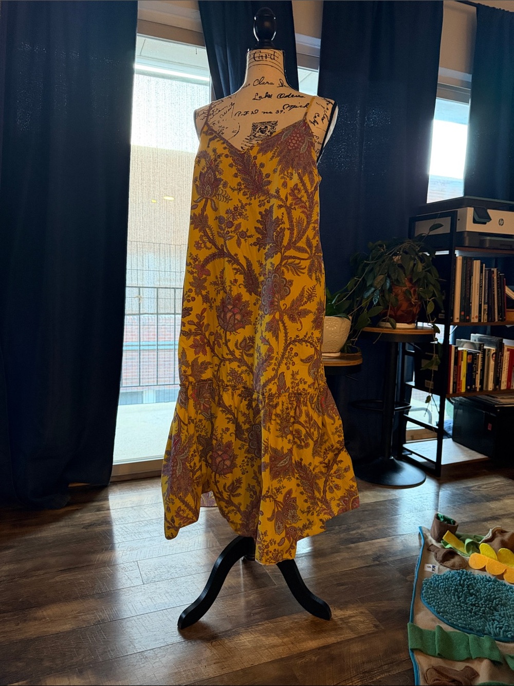 J. Crew Collection Midi Dress in Mustard Yellow with Pink & Purple Paisley